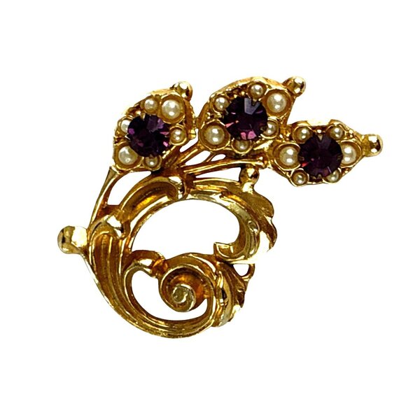 Vintage Gold Tone Brooch Purple Rhinestones Faux Pearls Leaf Design - Picture 5 of 8